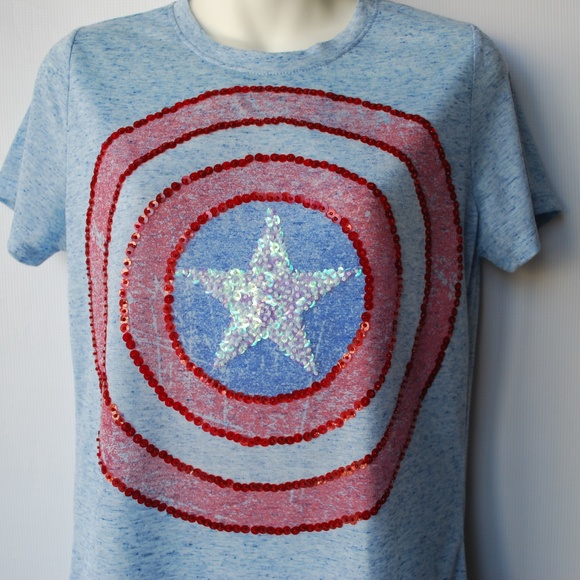 Halloween Captain America Tee Size L (Jr's) XS-S Customized Sequined Embellished - Picture 3 of 8